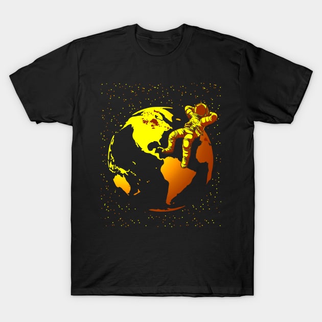 Spaceman Floating Astronaut Chillin In Space With Stars Yellow Gradient T-Shirt by CanaryKeet